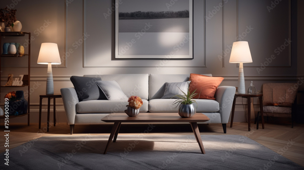 A stylish living room with augmented reality accent lighting, a grey sofa, and a patterned accent pillow A stylish living room with augmented reality accent lighting, a grey sofa, and a patterned accent pillow