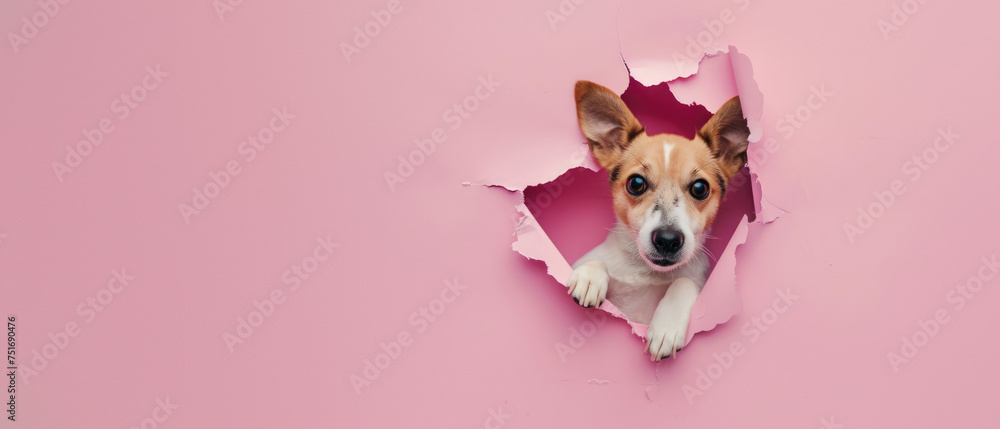 Only the dog's ears and paws are visible as it peeks through a pink background, playful and intriguing