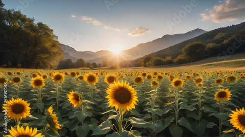 In the center of the card is a flourishing sunflower standing in the middle of a meadow. The sky is cloudless and the sun is shining in the background. Mountains are visible in the background. There a photo