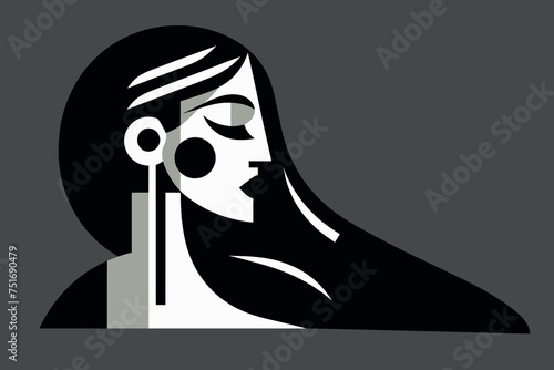 Beautiful brunette with long hair woman portrait. Cubism style illustration. A work of art. black and white.  Minimalism.	