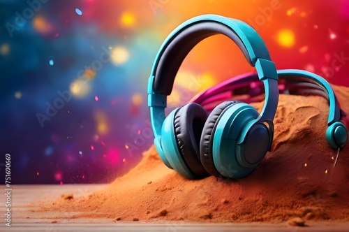 International music day with wireless headphones on colourful cloud dust background. Perfect for banner, template, social media post, backdrop, wallpaper, advertisement. World Music day event concept photo