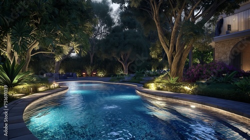 Serene sophistication in a detailed shot of an upscale pool, featuring underwater LED lights and surrounded by meticulously landscaped gardens