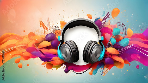 International music day with wireless headphones on colourful cloud dust background. Perfect for banner, template, social media post, backdrop, wallpaper, advertisement. World Music day event concept