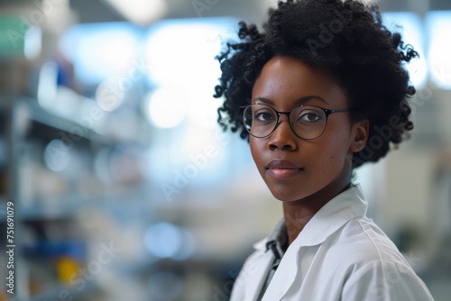 Mujer farmacéutica afroamericana de pelo corto rizado y gafas, vistiendo bata blanca, sobre fondo desenfocado de establecimiento farmacéutico  photo