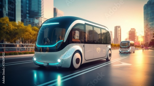 Smart vehicle concept, autonomous electric shuttle bus self driving on street.