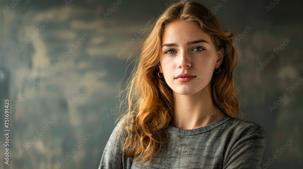 Tranquil young woman with contemplative gaze, soft indoor lighting