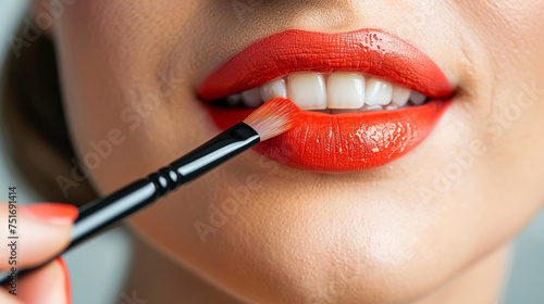 A close-up photo of a woman that applying lip makeup with a brush