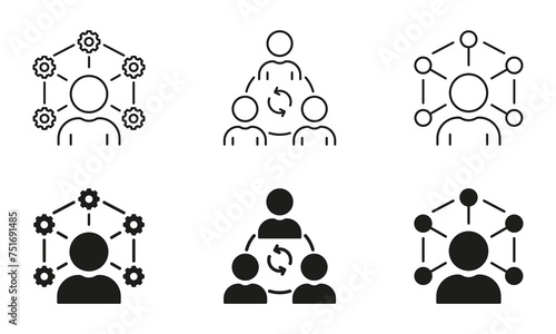 Efficient Person At Work Line and Silhouette Icon Set. Development, Productivity Pictogram. Employee Training Symbol. Optimize Job Processes, Flexibility Skills. Isolated Vector Illustration
