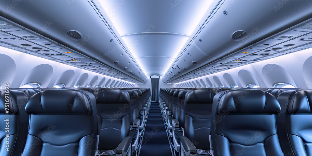 Fototapeta premium Commercial aircraft cabin with rows of seats