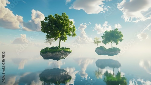 Two trees on a small island in the sea. 3d render
