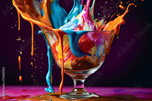 colorful paint is splashing out of a glass on a table