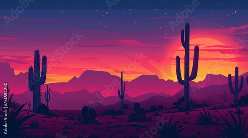 Silhouettes of towering cacti against a vibrant desert sunset.