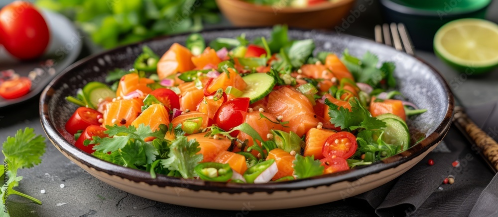Fresh organic tomatoes and avocados in a rustic bowl on a wooden table Fresh organic tomatoes and avocados in a rustic bowl on a wooden table