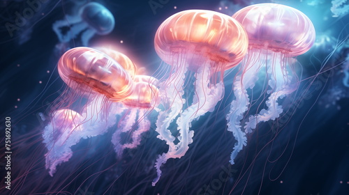 Luminous Jellyfish floating in the mysterious sea. Breathtaking underwater glow scene. © ArtStockVault