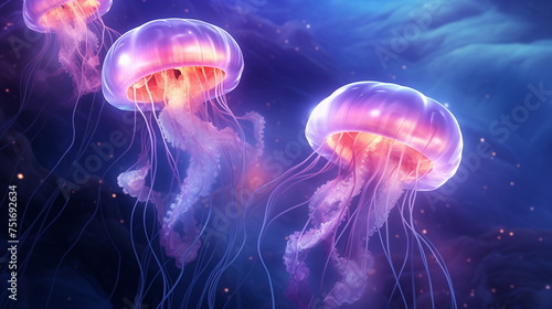 Luminous Jellyfish floating in the mysterious sea. Breathtaking underwater glow scene. © ArtStockVault