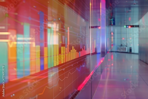 Colorful financial data display in office - The photo captures an office ambient with a futuristic financial data display on glass panels
