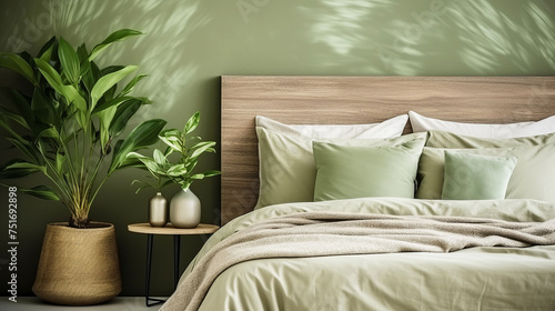 Close up of green blanket and cushions on bed with wooden bedhead in bedroom interior photo