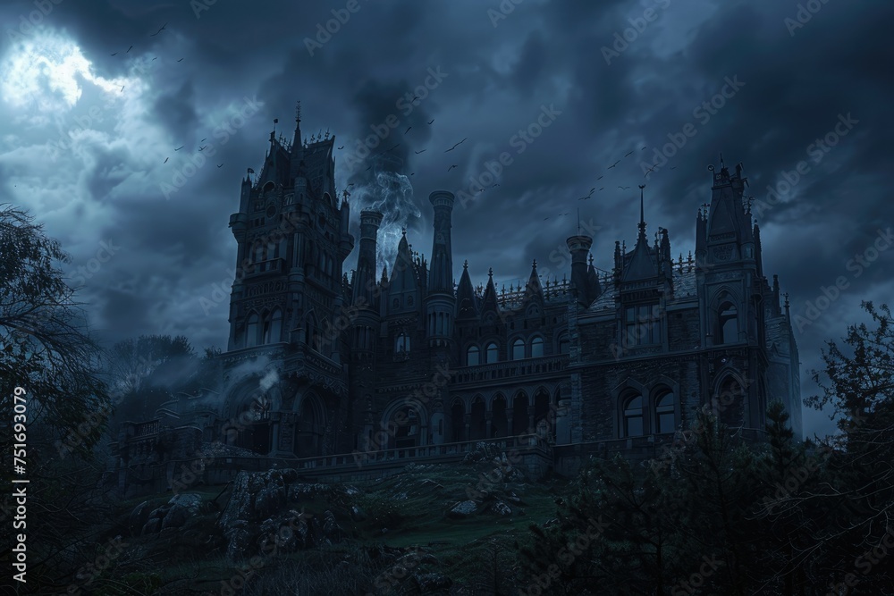 Gothic castle in a dark fantasy setting - An eerie gothic castle under a dark sky evokes mystery and the supernatural in this fantasy image
