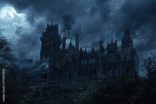 Gothic castle in a dark fantasy setting - An eerie gothic castle under a dark sky evokes mystery and the supernatural in this fantasy image