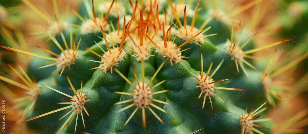 Close up of a prickly cactus plant with sharp, long spines in natural desert environment Close up of a prickly cactus plant with sharp, long spines in natural desert environment