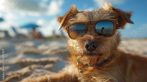 Fawn companion dog, wearing eyewear, lounges on beach, under cloudy sky © Наталья Игнатенко