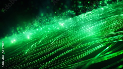 Computer-generated abstract background featuring green-glowing interconnected fiber optic cables in 3D rendering.