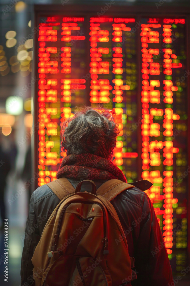 person seen from behind, standing in front of an electronic quote board