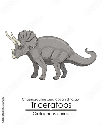 Triceratops, large plant-eating dinosaur from Cretaceous period.