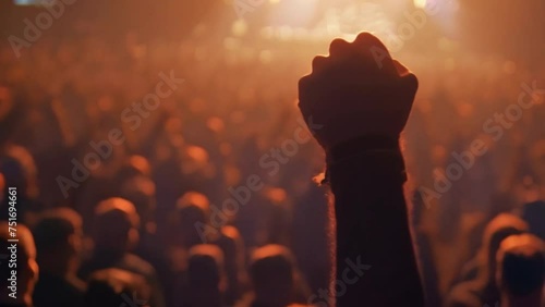 human hands raise fists in the air during a concert photo