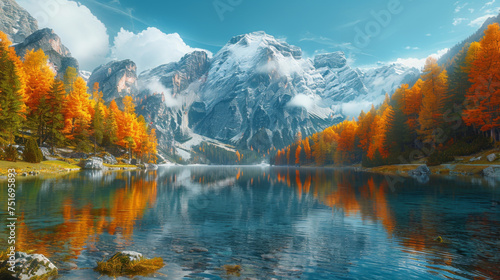 Popular photographers attraction of Braies Lake. Colorful autumn landscape in Italian Alps. © Matthew