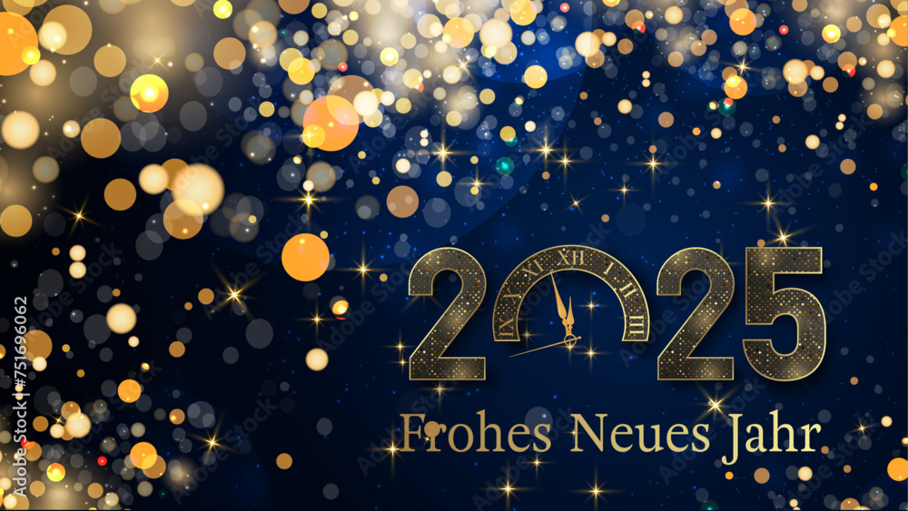 Karte oder Banner, um ein frohes neues Jahr 2025 in Gold zu wünschen. Die 0 ist eine Uhr auf einem dunkelblauen Hintergrund mit Farbverlauf und goldfarbenen Sternen und Kreisen im Bokeh-Effekt