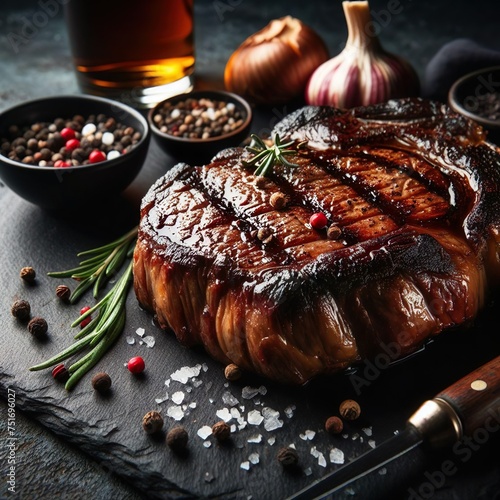 Close juicy photo of black angus steak beautiful magazine photo.