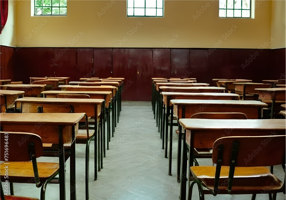Empty Classroom. Back to school concept in high school. Classroom Interior Vintage Wooden Lecture Wooden Chairs and Desks. Studying lessons in secondary education. generative ai