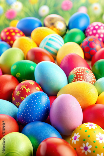 A vibrant and cheerful collection of Easter eggs adorns a colorful background  setting the scene for joyous Easter celebrations