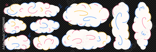 Set of white clouds with colorful doodle elements. Cute naive child illustration. Modern vector design.