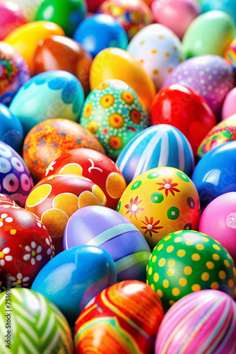 A vibrant and cheerful collection of Easter eggs adorns a colorful background, setting the scene for joyous Easter celebrations