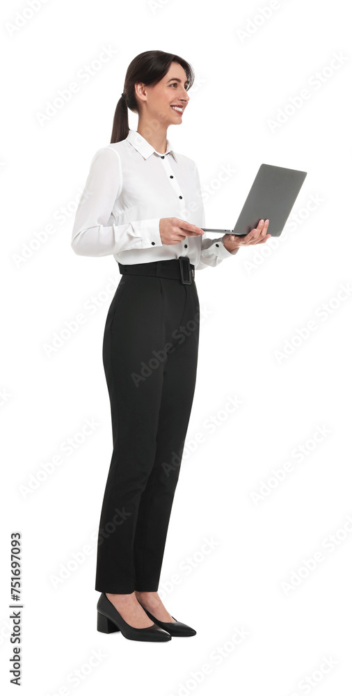 Happy businesswoman using laptop on white background Happy businesswoman using laptop on white background