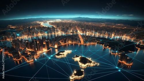 Illustration of glowing cities and population centers interconnected by bouncing lines, representing global connectivity and suitable for technology themes. #751697033