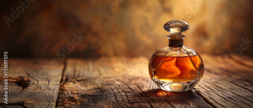 luxury glass perfume bottle on old wooden table in dark brown theme as wide banner with copy space area © OHMAl2T