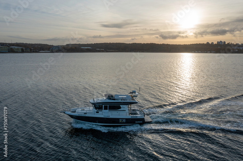 Fishing boat at sea in southern Sweden sunset