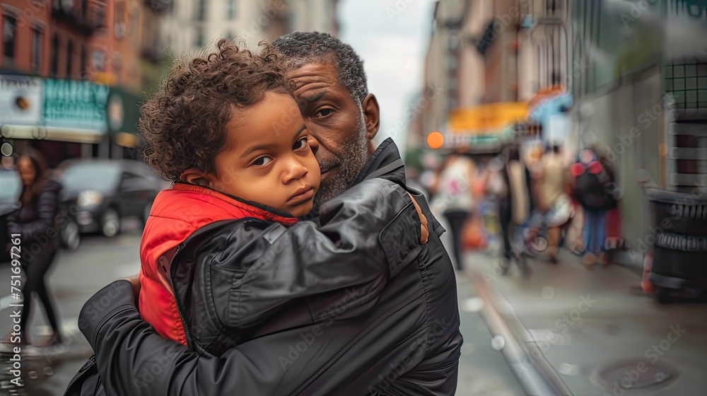 A different view, capturing the emotional moment of a father embracing his child on the street, reflecting the strength of family unity.