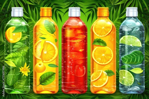 Transparent bottles with fruit shower gel on a background of green tropical leaves, banner © Alesia