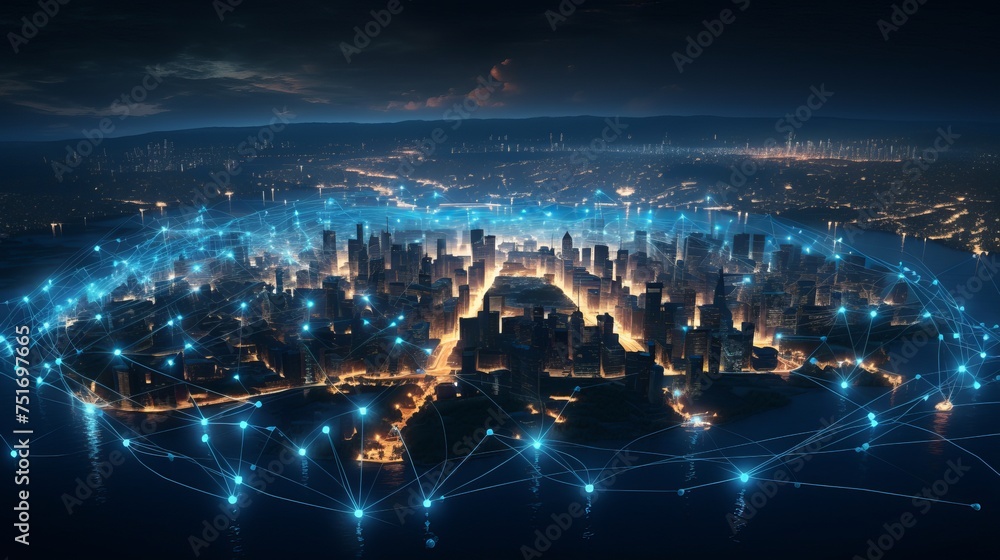 Illustration of glowing cities and population centers interconnected by bouncing lines, representing global connectivity and suitable for technology themes. - obrazy, fototapety, plakaty 