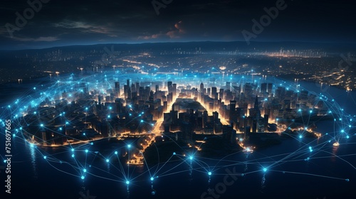 Illustration of glowing cities and population centers interconnected by bouncing lines, representing global connectivity and suitable for technology themes. #751697665