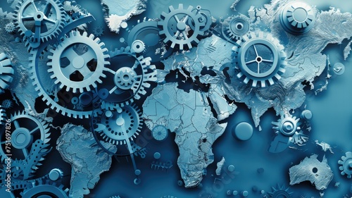 Silvery cogs overlaid on contrasting blue map - This image creatively superimposes silvery mechanical gears on a contrasting deep blue world map, alluding to the machinery of global operations photo