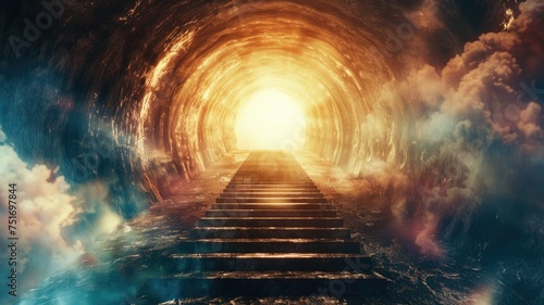 Stairs leading into vibrant light tunnel - Radiant and colorful, this image of stairs leading into a light tunnel captures the essence of progress and enlightenment