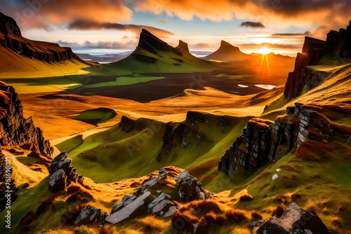sunset in the mountains, Witness the breathtaking majesty of the Quiraing mountains as the sun dips below the horizon, casting a golden glow over the Isle of Skye, Scotland