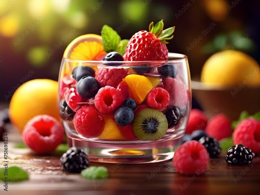 fruit dessert with strawberry, raspberry and blueberry. close-up shot. sweets illustration. fruit dessert with strawberry, raspberry and blueberry. close-up shot. sweets illustration.