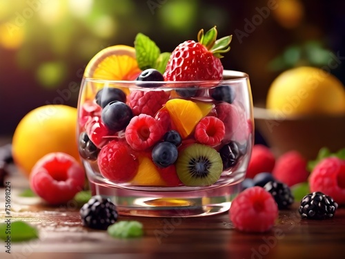 fruit dessert with strawberry  raspberry and blueberry. close-up shot. sweets illustration.