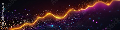 Futuristic abstract dark background with glowing orange wave on blurred bokeh background. Artificial intelligence technology concept, digital communication, 3D visualization of music waves.